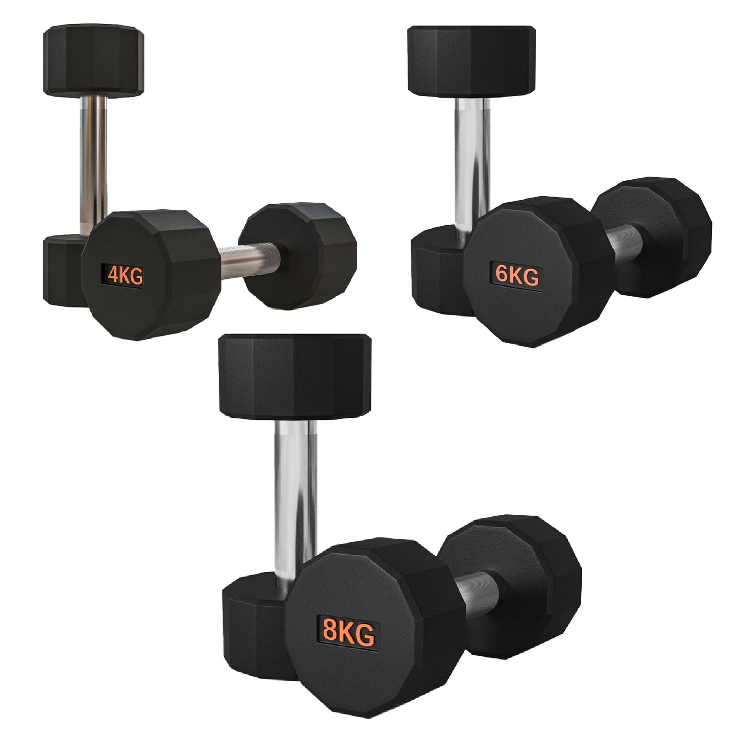 Premium Round Hex Dumbbells - Anti-Roll Design with Knurled Grip and Rubber-Coated Heads - Available as Singles, Pairs, and Complete Sets With Optional Rack - Professional Strength Training Equipment