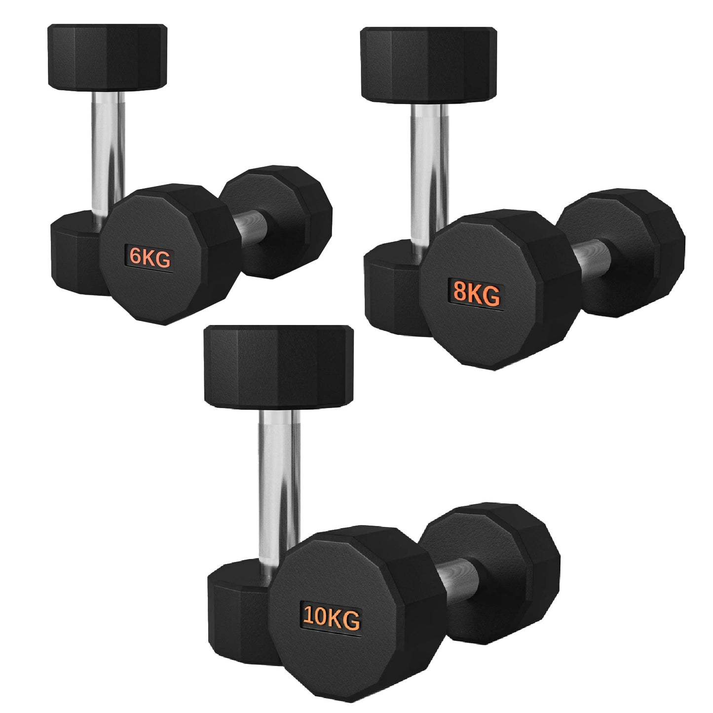 Premium Round Hex Dumbbells - Anti-Roll Design with Knurled Grip and Rubber-Coated Heads - Available as Singles, Pairs, and Complete Sets With Optional Rack - Professional Strength Training Equipment