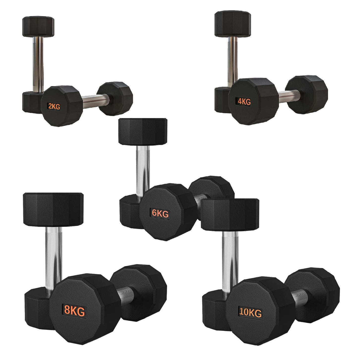 Premium Round Hex Dumbbells - Anti-Roll Design with Knurled Grip and Rubber-Coated Heads - Available as Singles, Pairs, and Complete Sets With Optional Rack - Professional Strength Training Equipment