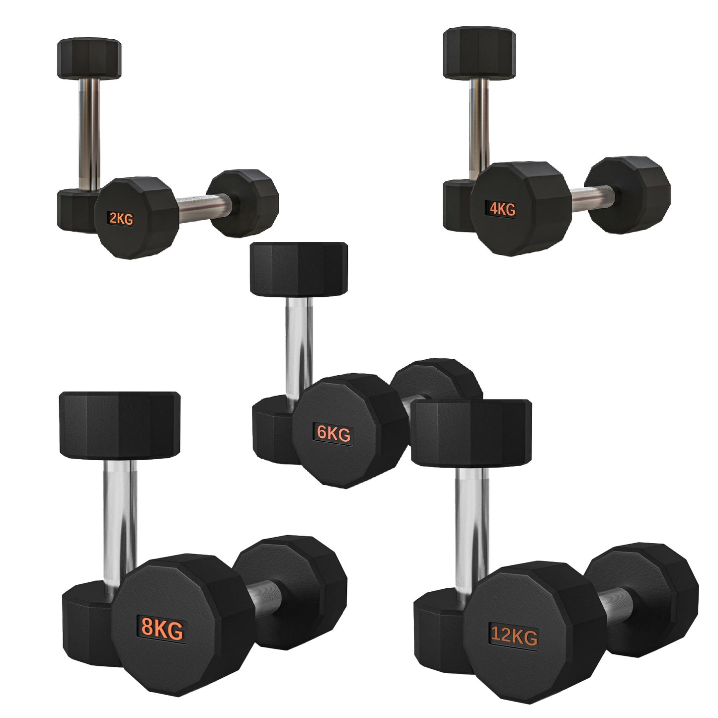 Premium Round Hex Dumbbells - Anti-Roll Design with Knurled Grip and Rubber-Coated Heads - Available as Singles, Pairs, and Complete Sets With Optional Rack - Professional Strength Training Equipment