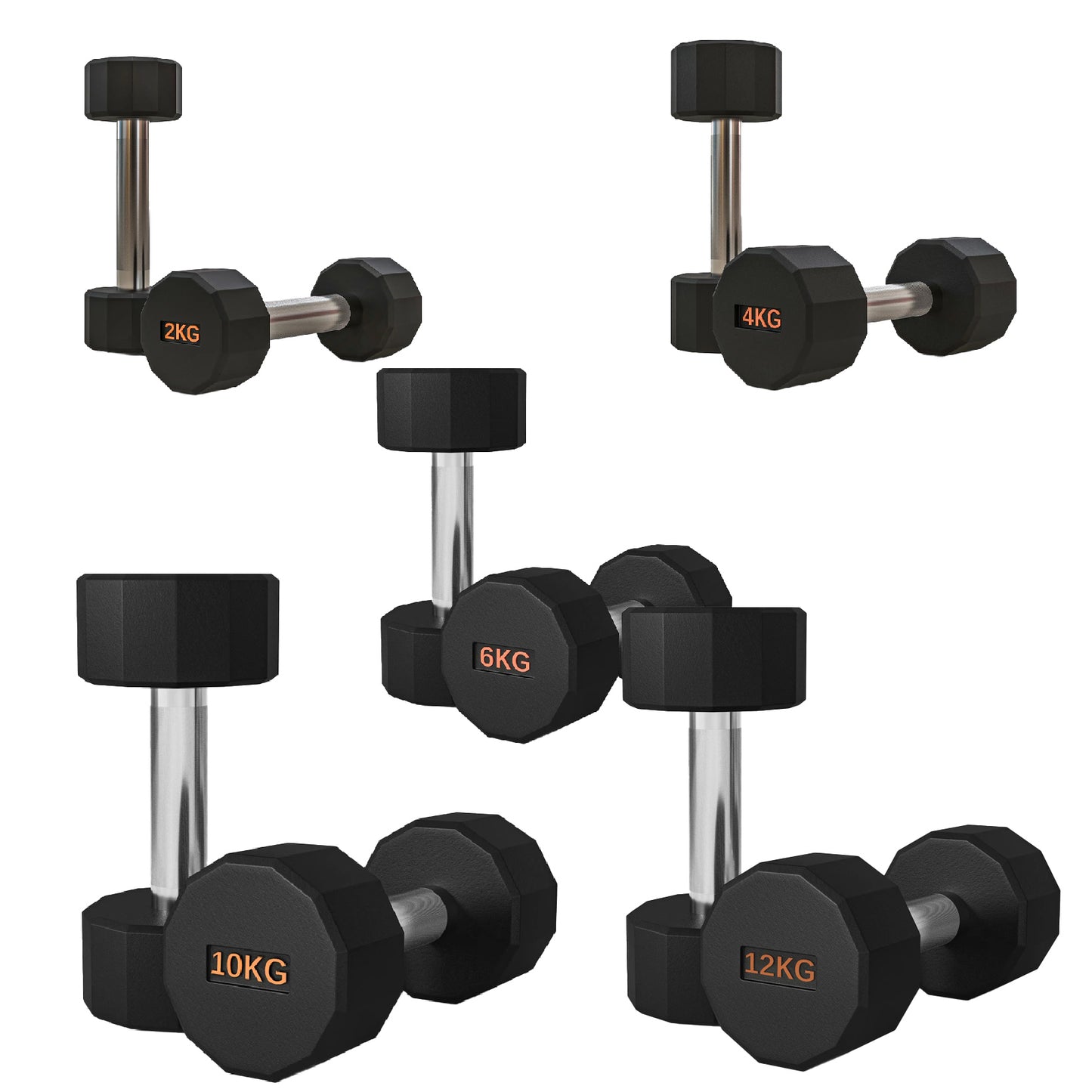 Premium Round Hex Dumbbells - Anti-Roll Design with Knurled Grip and Rubber-Coated Heads - Available as Singles, Pairs, and Complete Sets With Optional Rack - Professional Strength Training Equipment