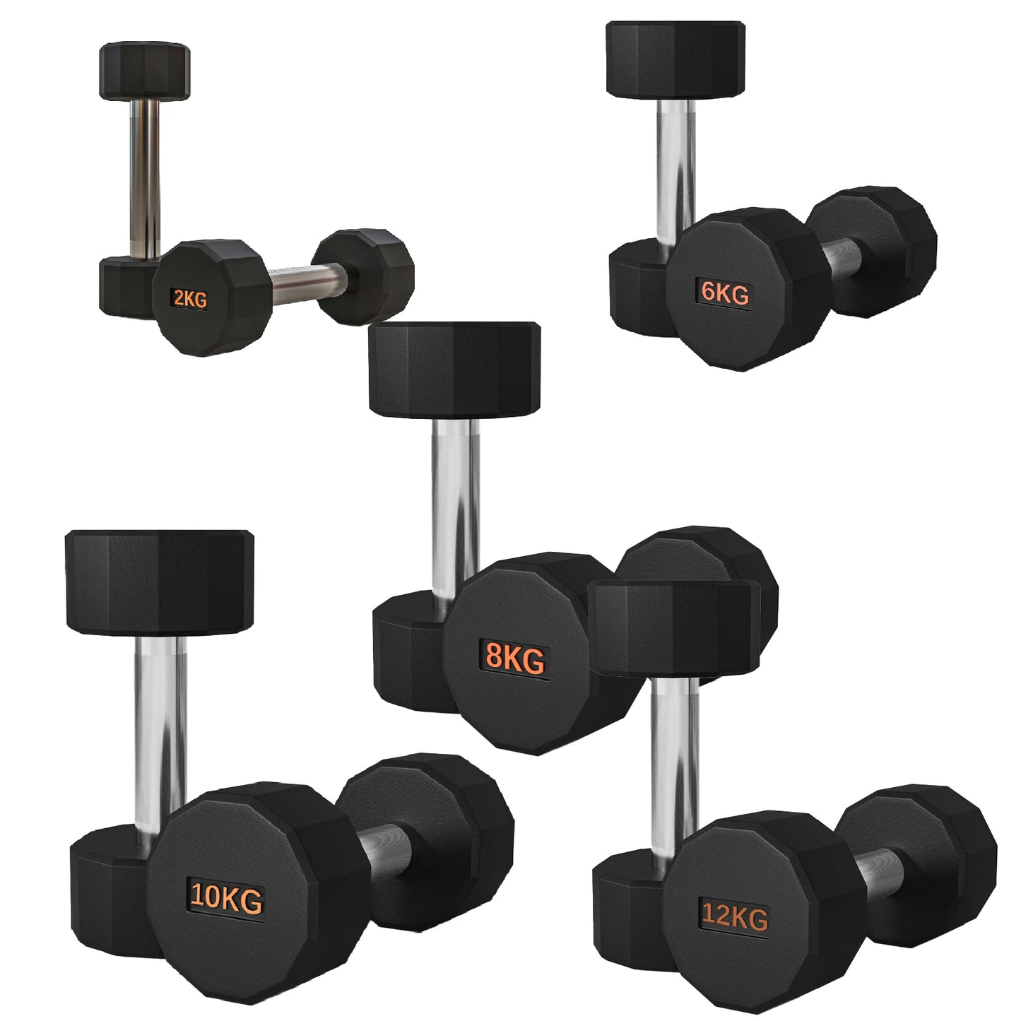 Premium Round Hex Dumbbells - Anti-Roll Design with Knurled Grip and Rubber-Coated Heads - Available as Singles, Pairs, and Complete Sets With Optional Rack - Professional Strength Training Equipment