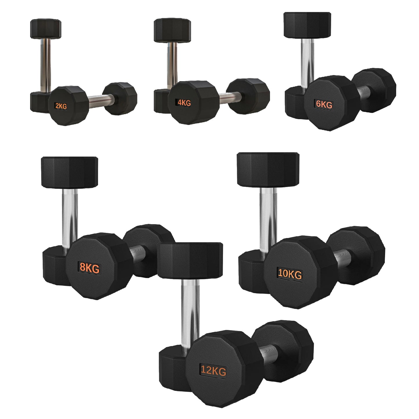 Premium Round Hex Dumbbells - Anti-Roll Design with Knurled Grip and Rubber-Coated Heads - Available as Singles, Pairs, and Complete Sets With Optional Rack - Professional Strength Training Equipment
