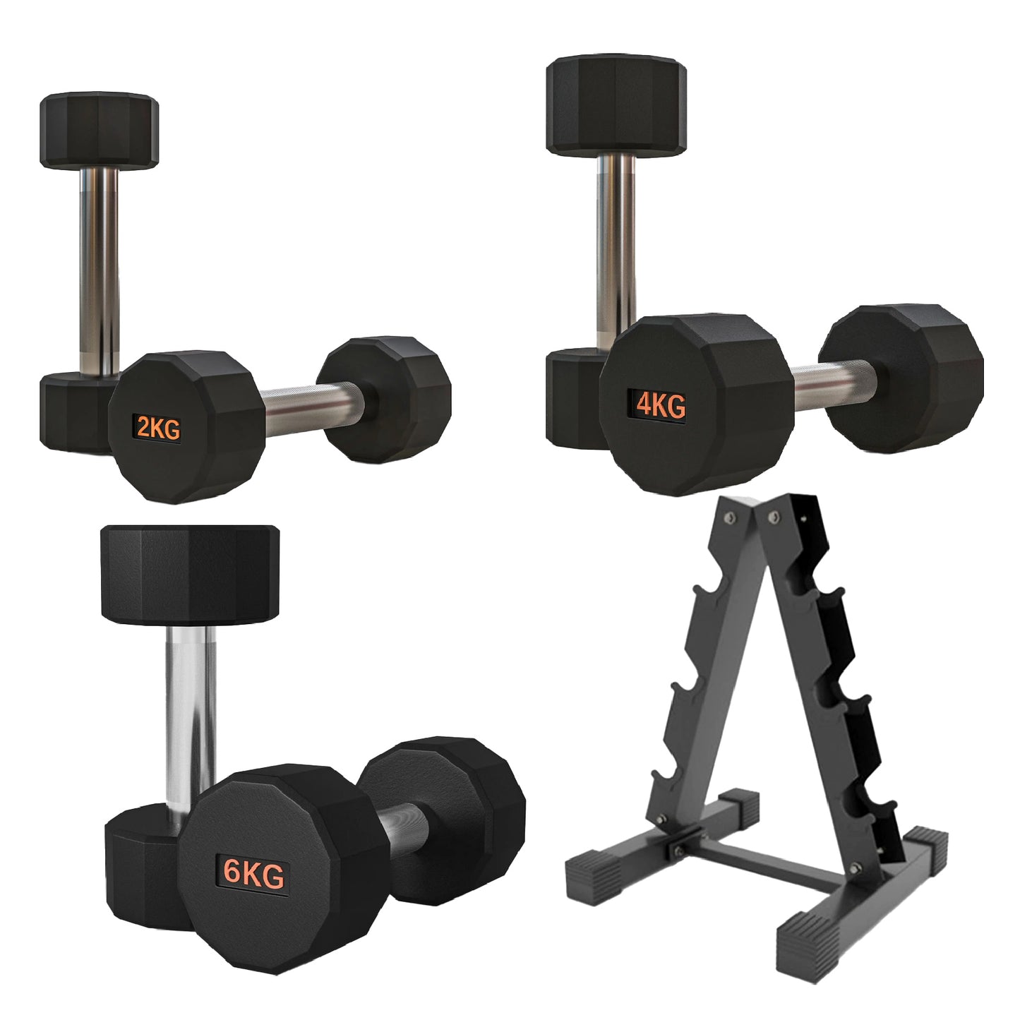 Premium Round Hex Dumbbells - Anti-Roll Design with Knurled Grip and Rubber-Coated Heads - Available as Singles, Pairs, and Complete Sets With Optional Rack - Professional Strength Training Equipment