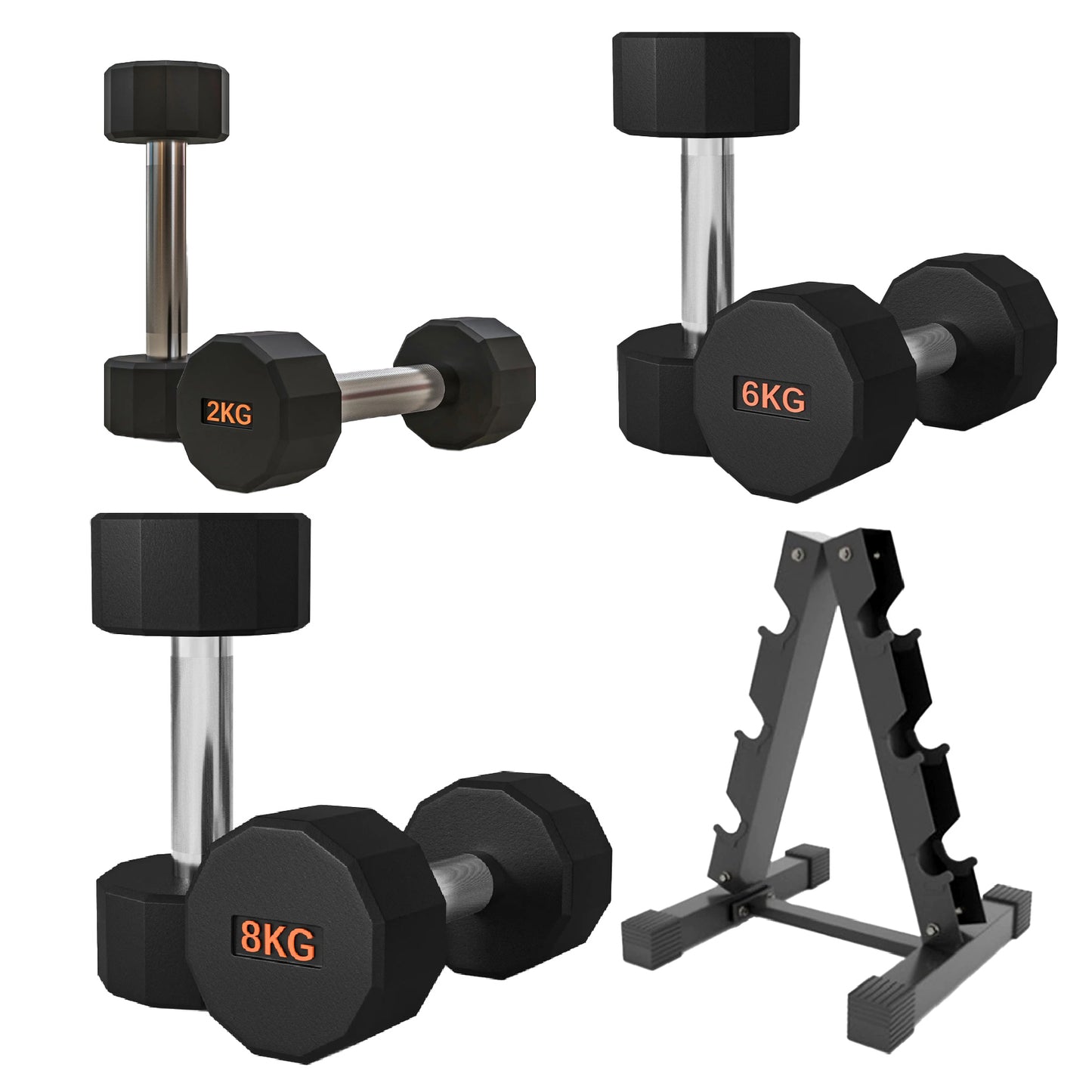 Premium Round Hex Dumbbells - Anti-Roll Design with Knurled Grip and Rubber-Coated Heads - Available as Singles, Pairs, and Complete Sets With Optional Rack - Professional Strength Training Equipment