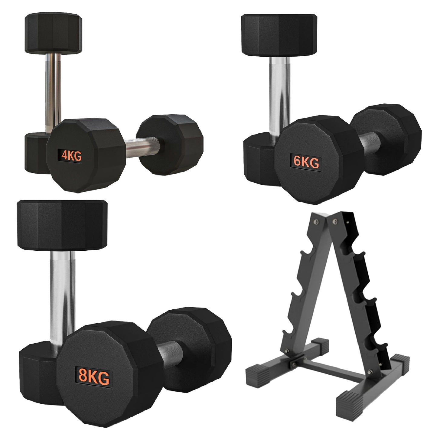 Premium Round Hex Dumbbells - Anti-Roll Design with Knurled Grip and Rubber-Coated Heads - Available as Singles, Pairs, and Complete Sets With Optional Rack - Professional Strength Training Equipment