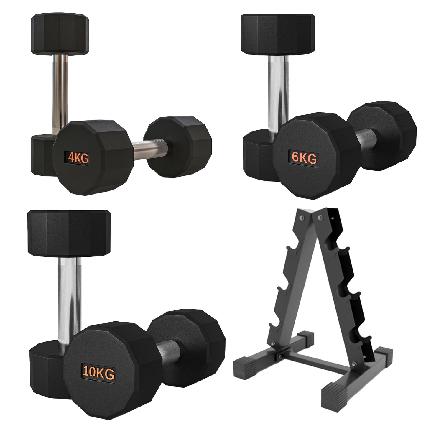 Premium Round Hex Dumbbells - Anti-Roll Design with Knurled Grip and Rubber-Coated Heads - Available as Singles, Pairs, and Complete Sets With Optional Rack - Professional Strength Training Equipment