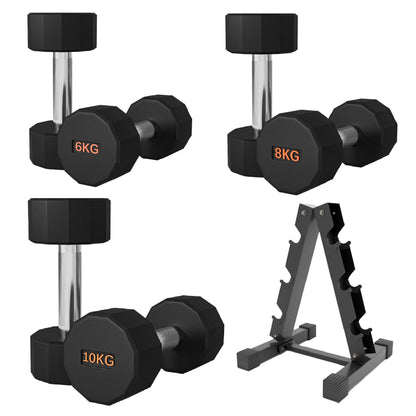Premium Round Hex Dumbbells - Anti-Roll Design with Knurled Grip and Rubber-Coated Heads - Available as Singles, Pairs, and Complete Sets With Optional Rack - Professional Strength Training Equipment