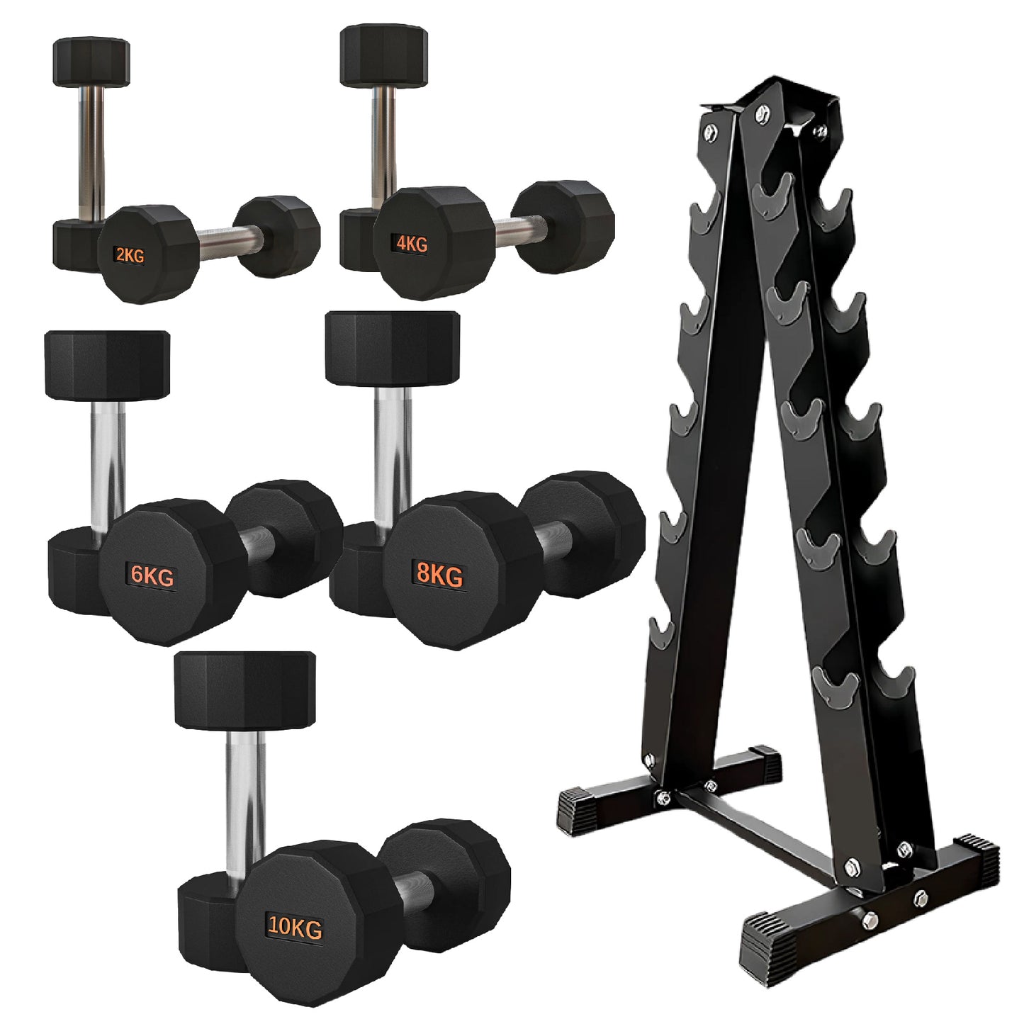 Premium Round Hex Dumbbells - Anti-Roll Design with Knurled Grip and Rubber-Coated Heads - Available as Singles, Pairs, and Complete Sets With Optional Rack - Professional Strength Training Equipment
