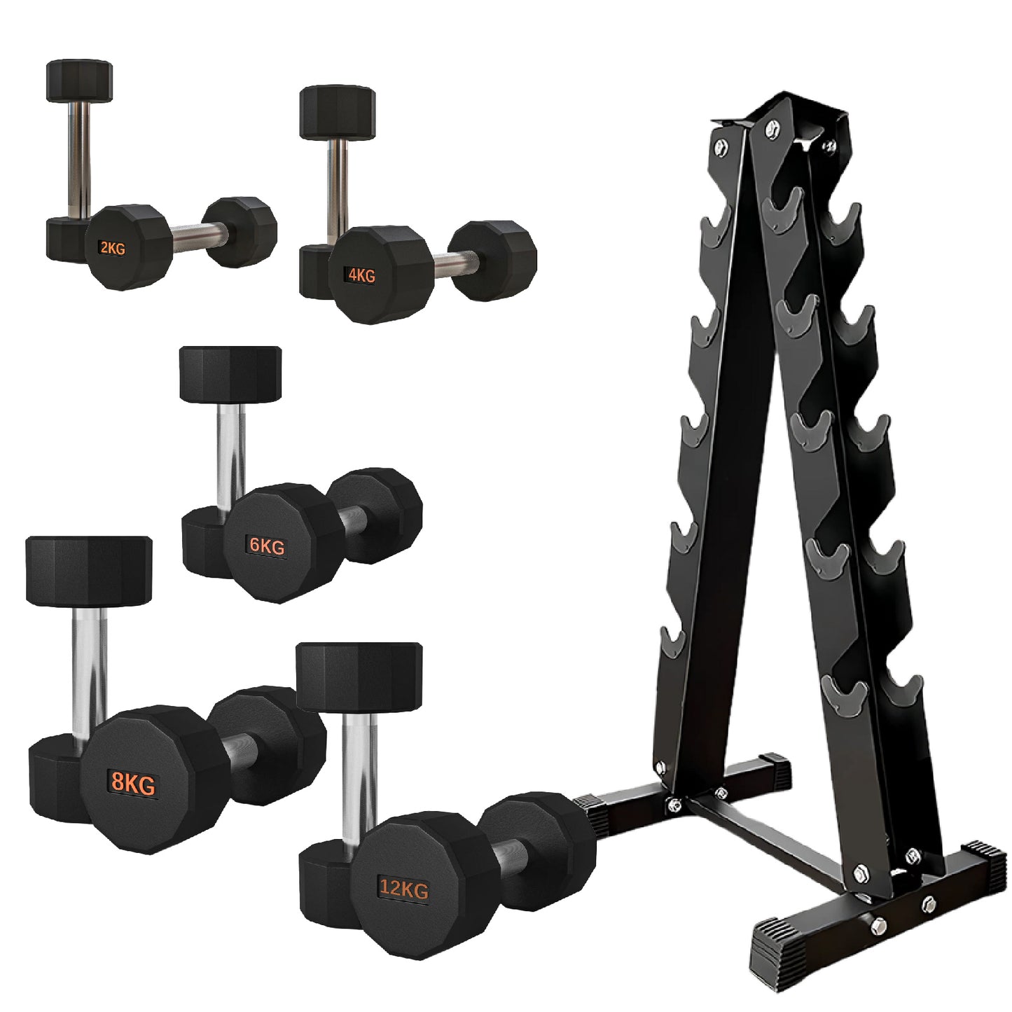 Premium Round Hex Dumbbells - Anti-Roll Design with Knurled Grip and Rubber-Coated Heads - Available as Singles, Pairs, and Complete Sets With Optional Rack - Professional Strength Training Equipment