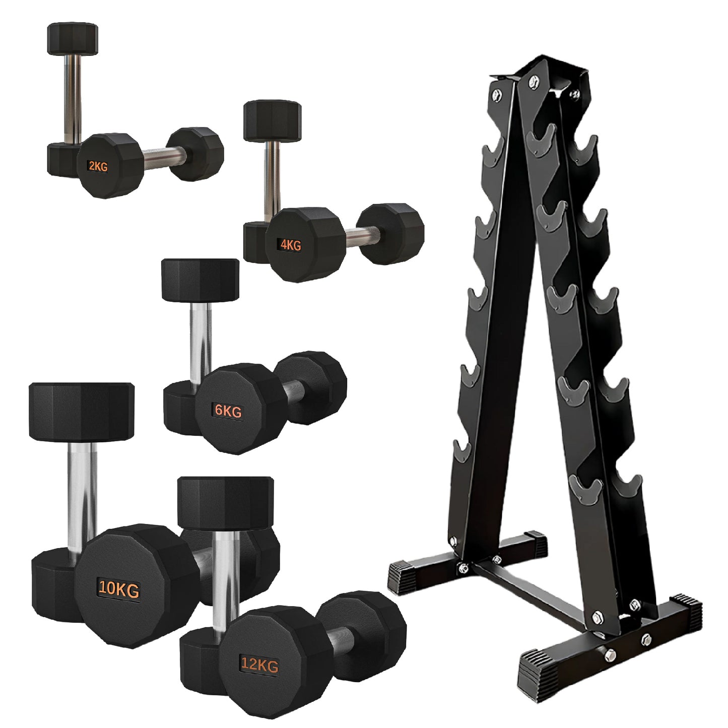 Premium Round Hex Dumbbells - Anti-Roll Design with Knurled Grip and Rubber-Coated Heads - Available as Singles, Pairs, and Complete Sets With Optional Rack - Professional Strength Training Equipment