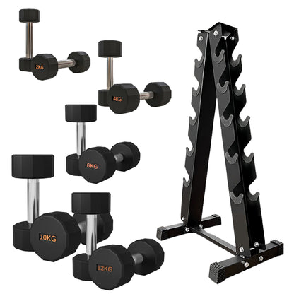 Premium Round Hex Dumbbells - Anti-Roll Design with Knurled Grip and Rubber-Coated Heads - Available as Singles, Pairs, and Complete Sets With Optional Rack - Professional Strength Training Equipment