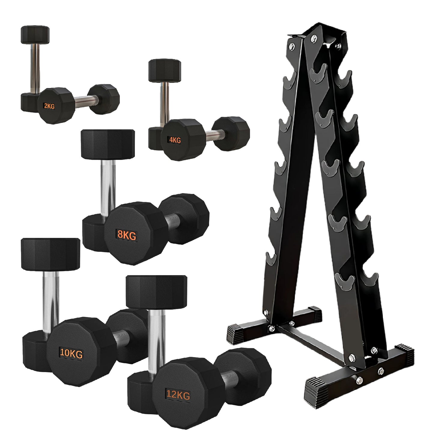Premium Round Hex Dumbbells - Anti-Roll Design with Knurled Grip and Rubber-Coated Heads - Available as Singles, Pairs, and Complete Sets With Optional Rack - Professional Strength Training Equipment