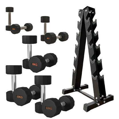 Premium Round Hex Dumbbells - Anti-Roll Design with Knurled Grip and Rubber-Coated Heads - Available as Singles, Pairs, and Complete Sets With Optional Rack - Professional Strength Training Equipment
