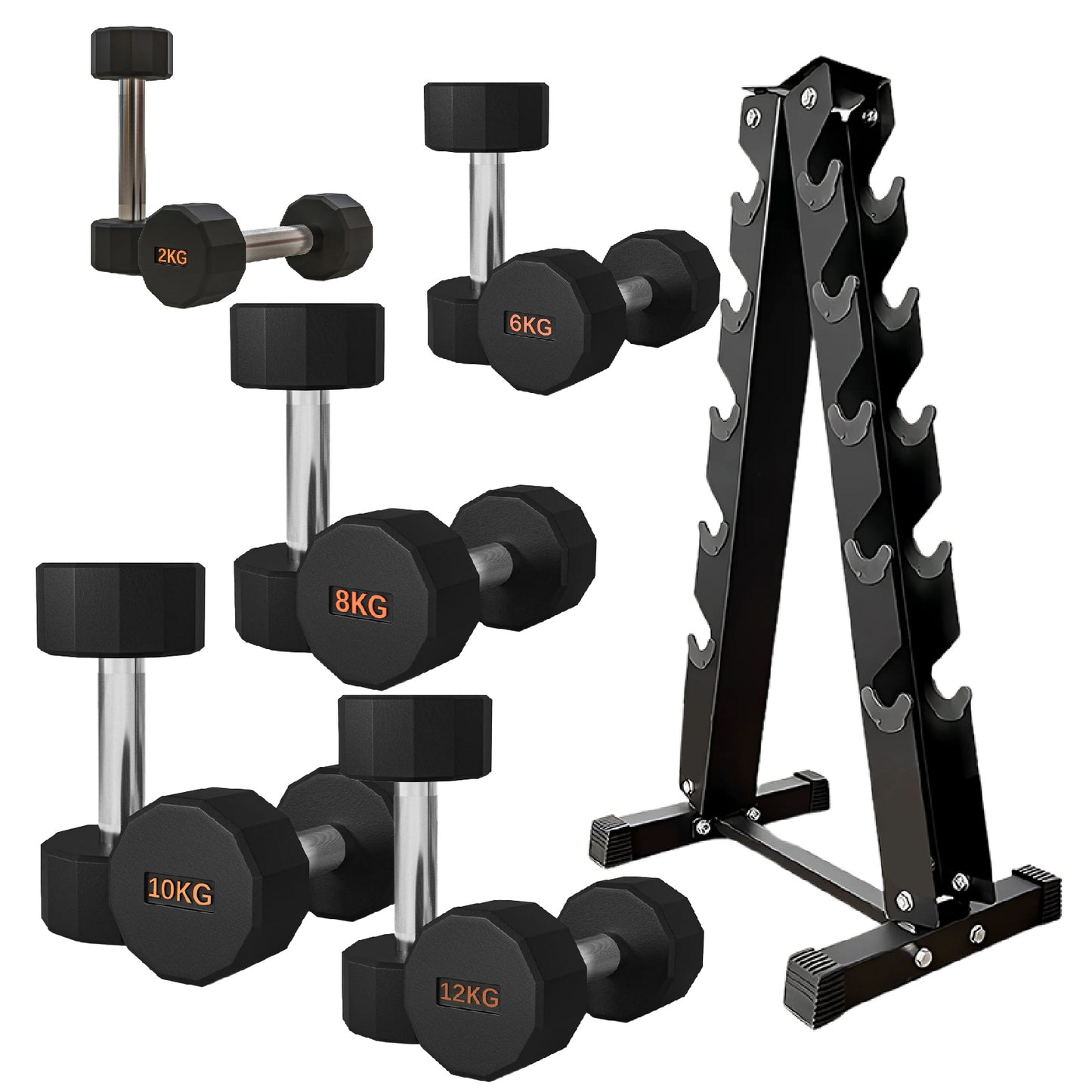 Premium Round Hex Dumbbells - Anti-Roll Design with Knurled Grip and Rubber-Coated Heads - Available as Singles, Pairs, and Complete Sets With Optional Rack - Professional Strength Training Equipment