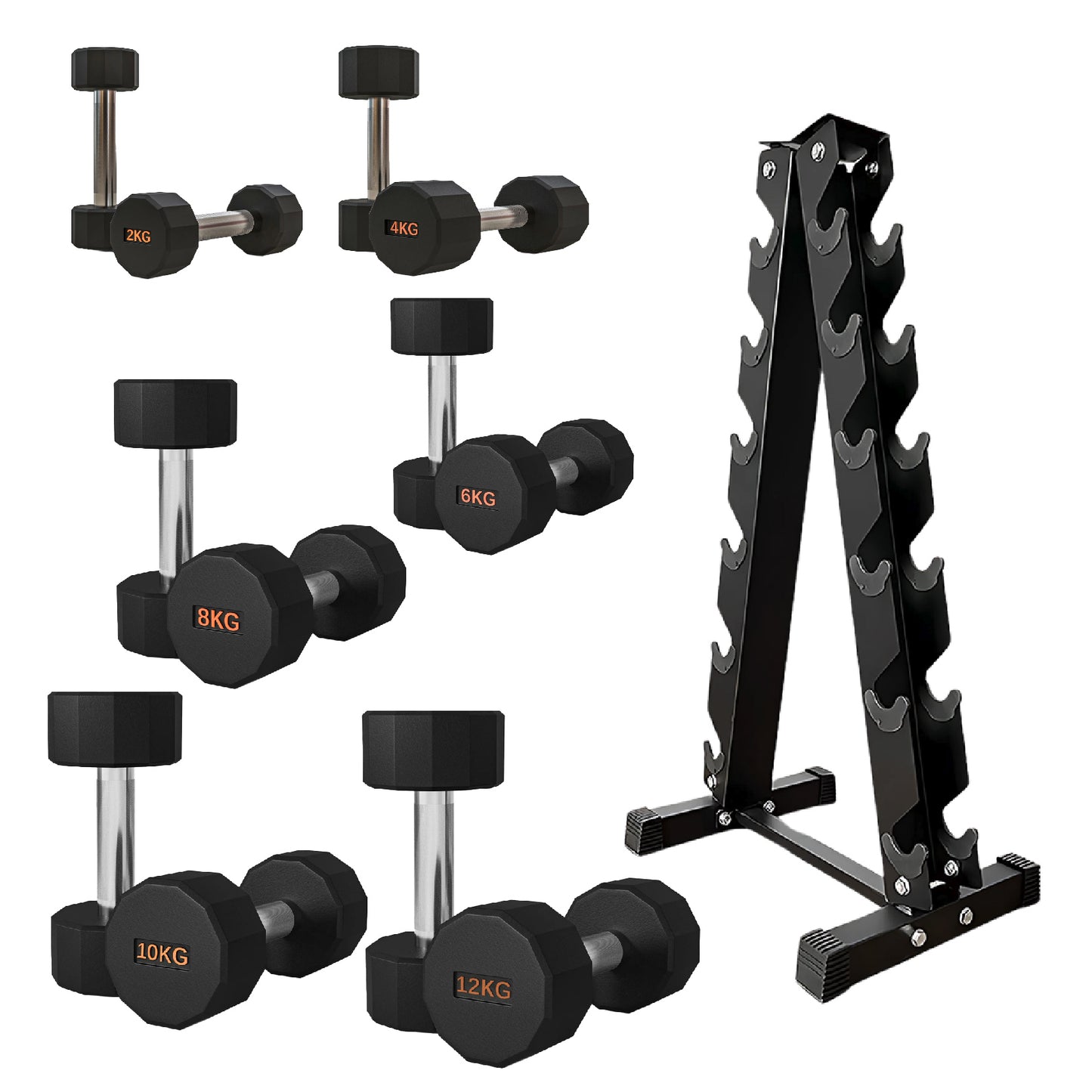 Premium Round Hex Dumbbells - Anti-Roll Design with Knurled Grip and Rubber-Coated Heads - Available as Singles, Pairs, and Complete Sets With Optional Rack - Professional Strength Training Equipment