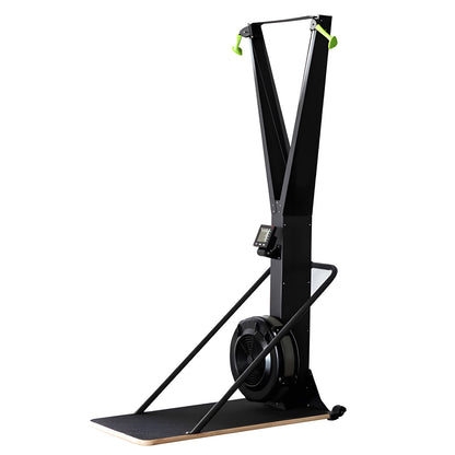 Ski exercise machine with air-resistance flywheel and floor platform