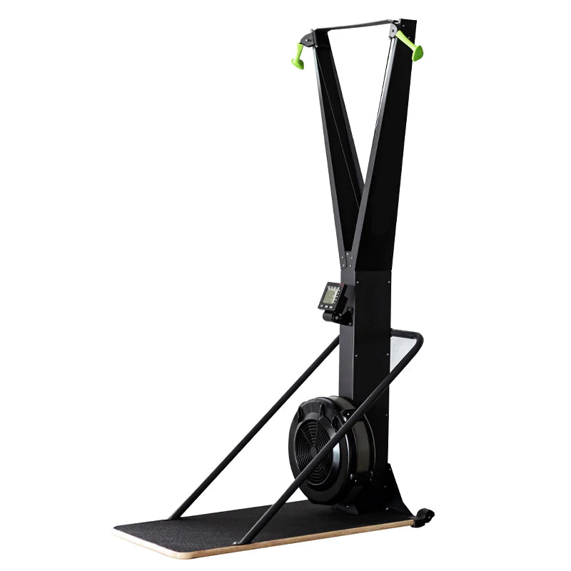 Ski exercise machine with twin pull handles and floor platform