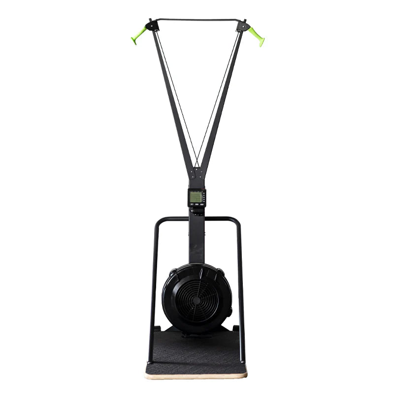 Front view of the ski exercise machine and its air-resistance fan