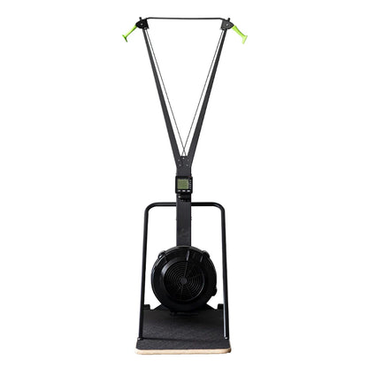 Front view of the ski exercise machine and its air-resistance fan