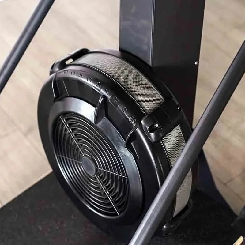Close-up of the ski machine's air-resistance fan flywheel