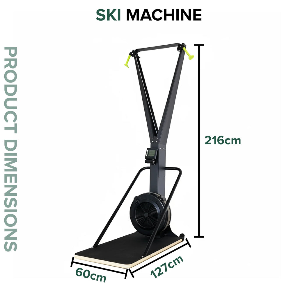 Ski machine with dimensions labeled on a white background