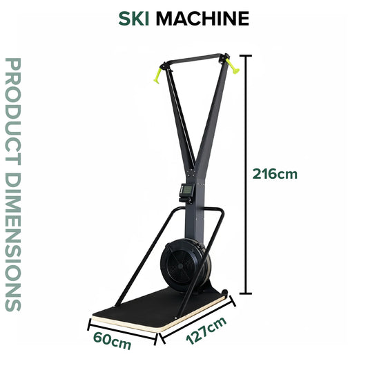 Ski machine with dimensions labeled on a white background