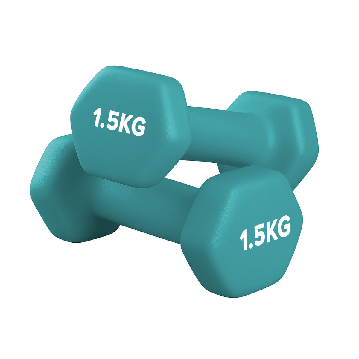 Neoprene hex dumbbell pair, 1.5 kg, teal, on a white background