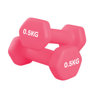 Pair of neoprene coated hex dumbbells on a white background