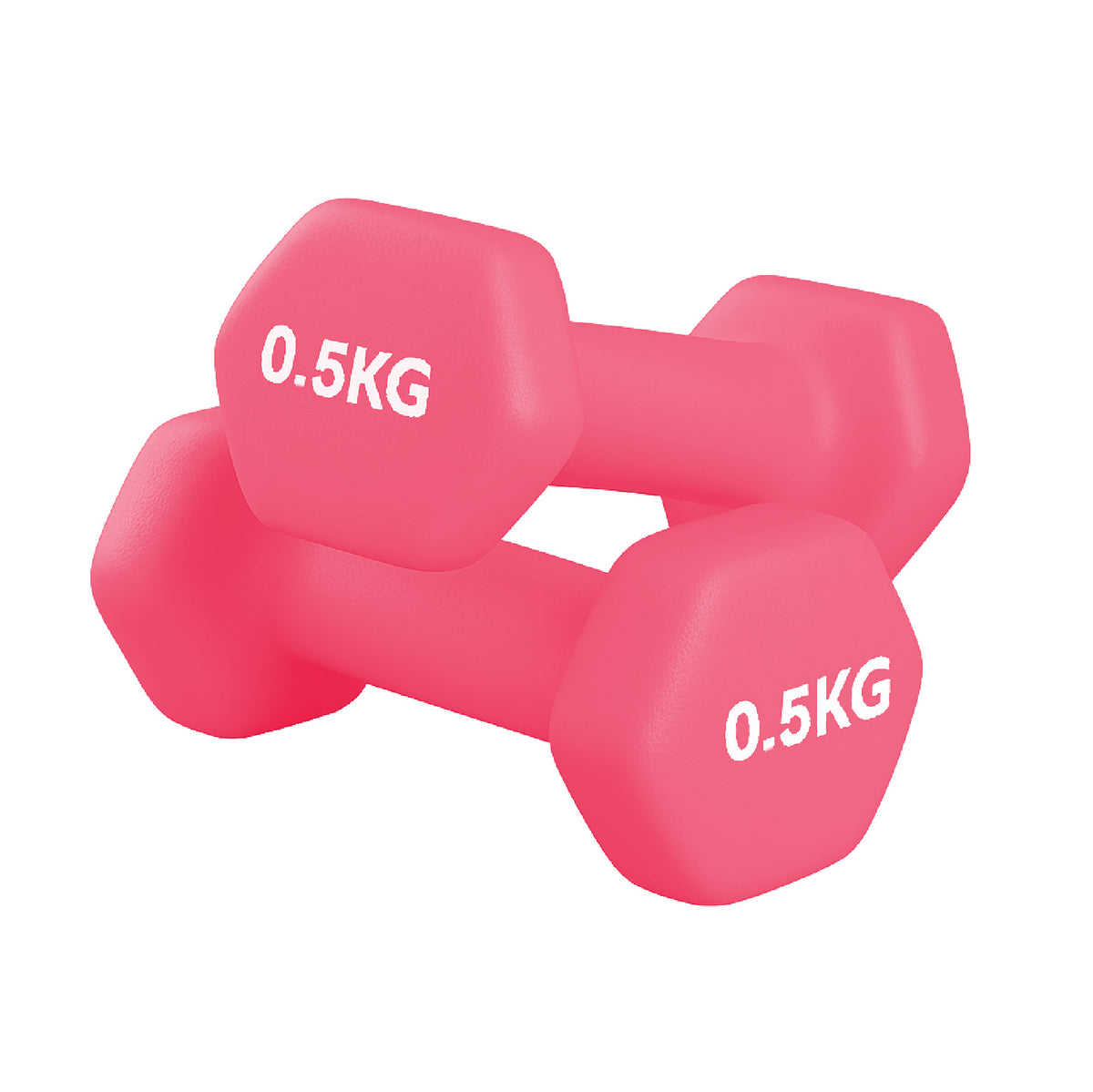 Pair of neoprene coated hex dumbbells on a white background