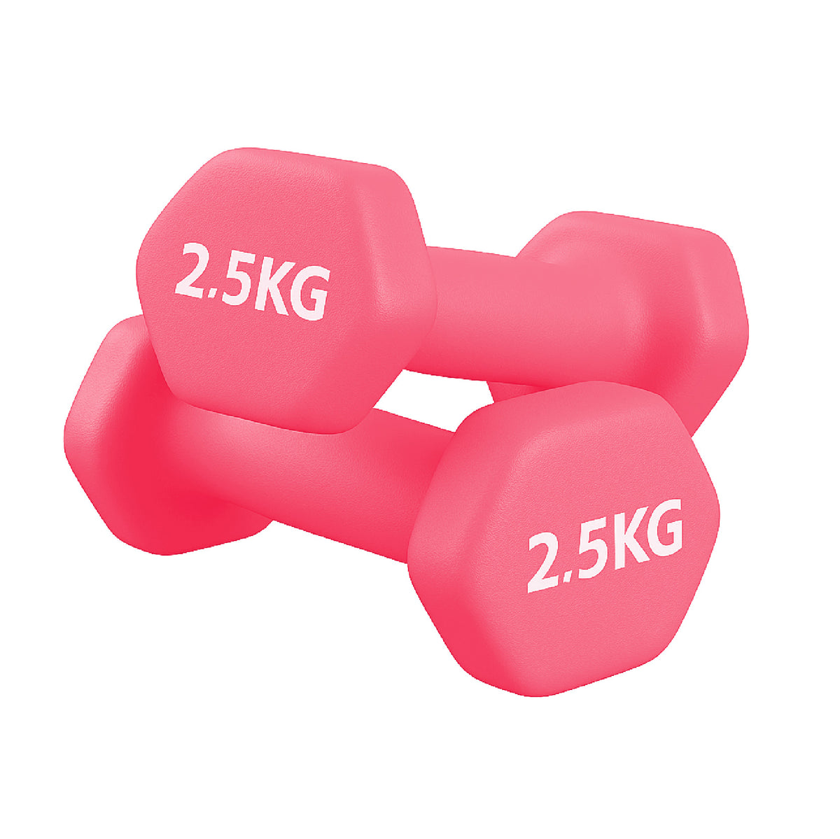 Neoprene hex dumbbell pair, 2.5 kg, pink, on a white background