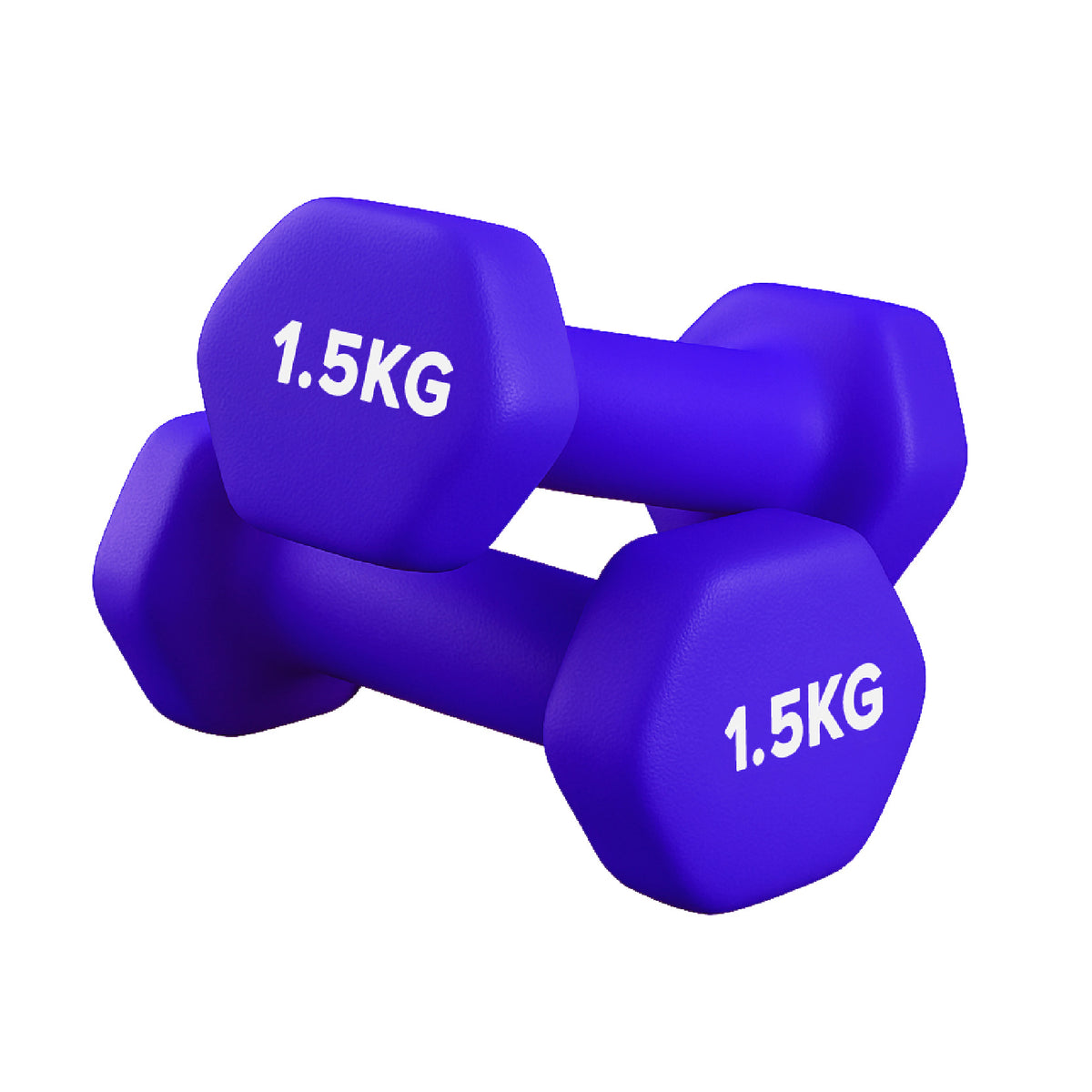 Neoprene hex dumbbell pair, 1.5 kg, purple, on a white background