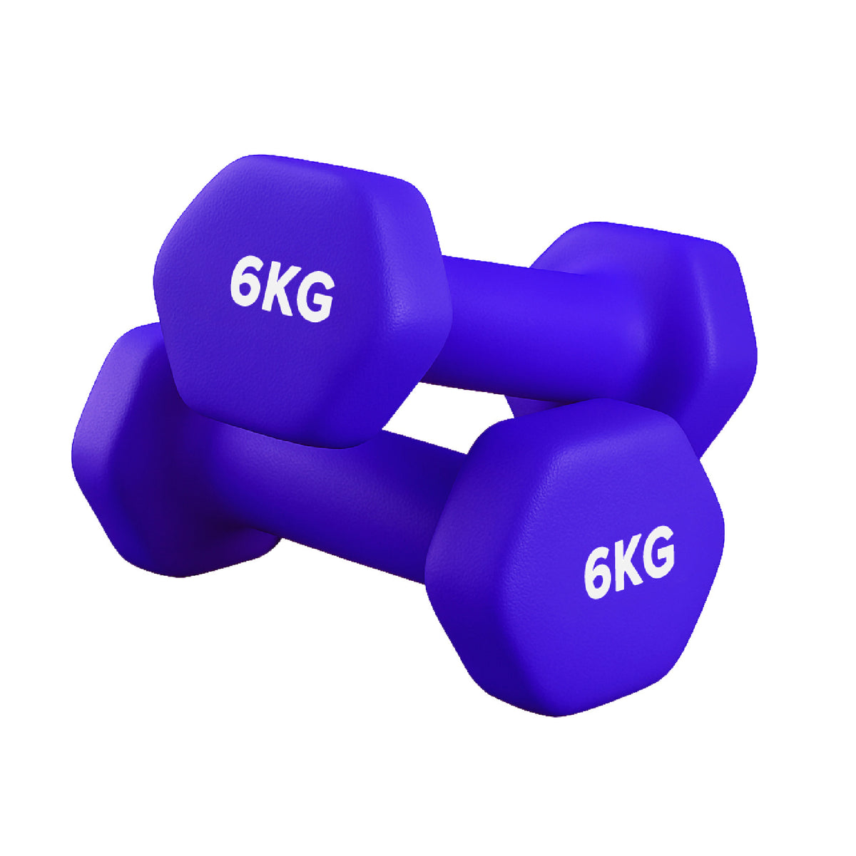 Neoprene hex dumbbell pair, 6 kg, purple, on a white background