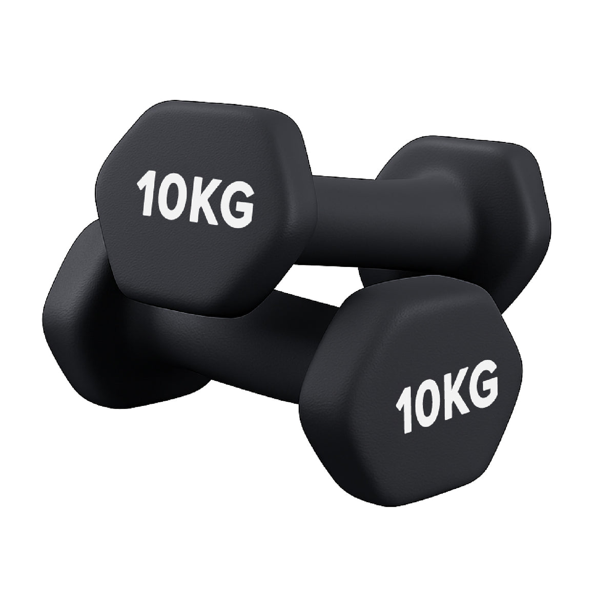 Neoprene hex dumbbell pair, 10 kg, black, on a white background