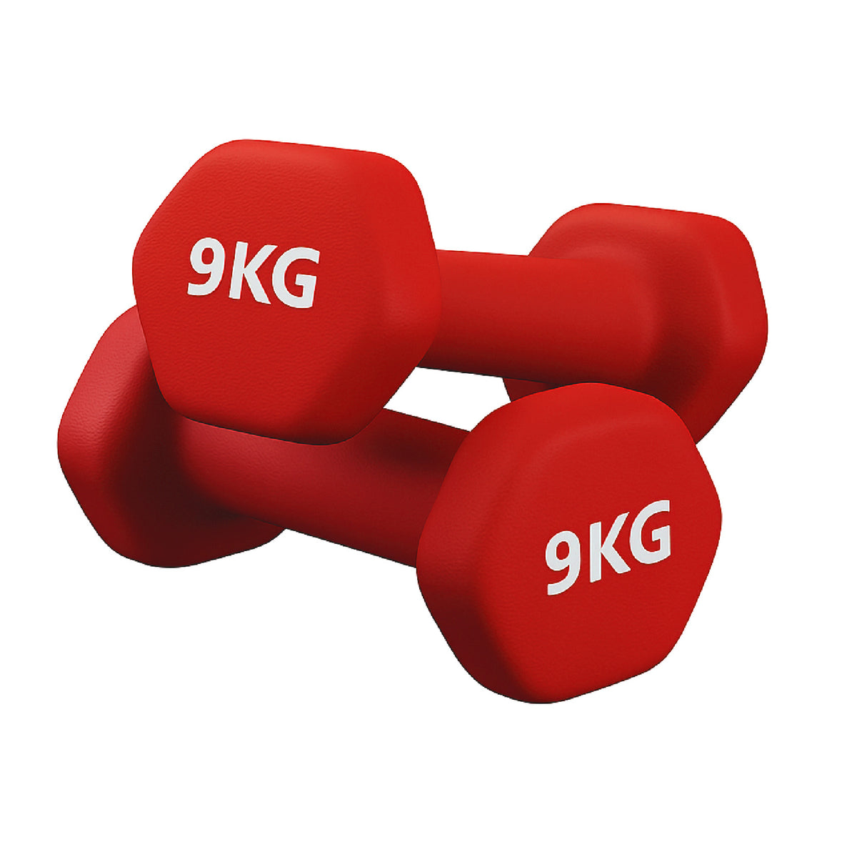 Neoprene hex dumbbell pair, 9 kg, red, on a white background