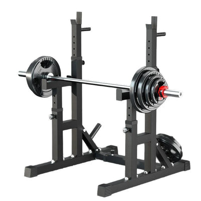 Black weightlifting squat rack with barbell on a white background