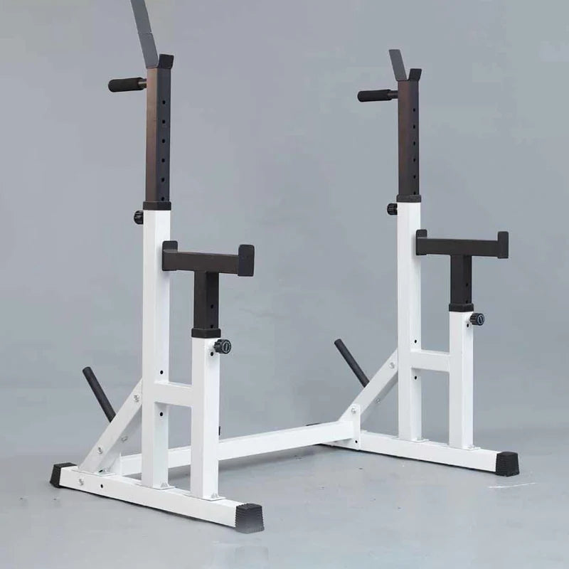 White and black weightlifting stand on a gray background