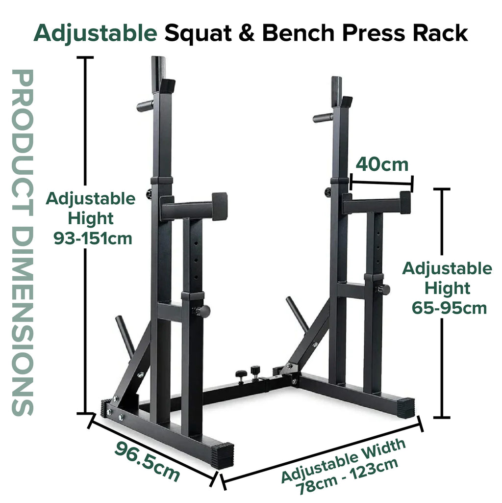 Adjustable squat and bench press rack with dimensions on a white background