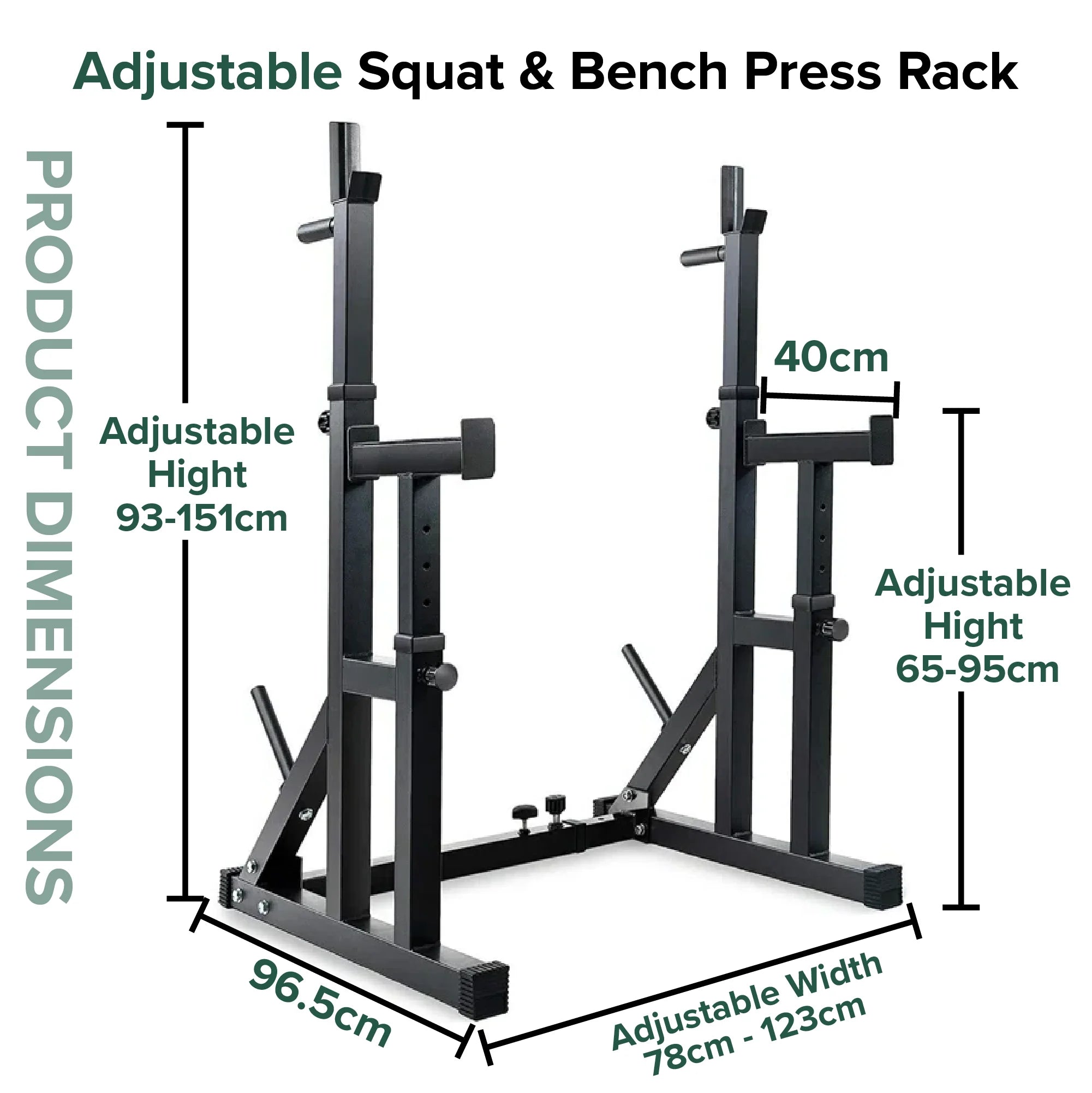 Adjustable squat and bench press rack with dimensions on a white background