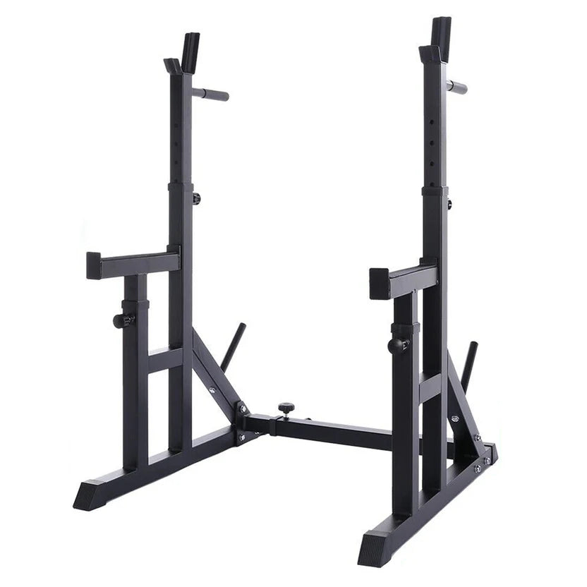 Black metal squat rack on a white background