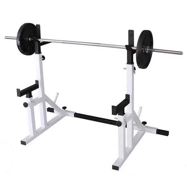 Weight lifting stand with barbell on a white background