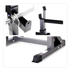 Close-up of a weightlifting bench with barbell attachment on a white background