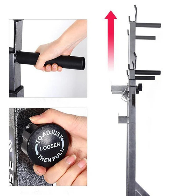 Gym pull-up bar with adjustable mechanism and hand holding it.