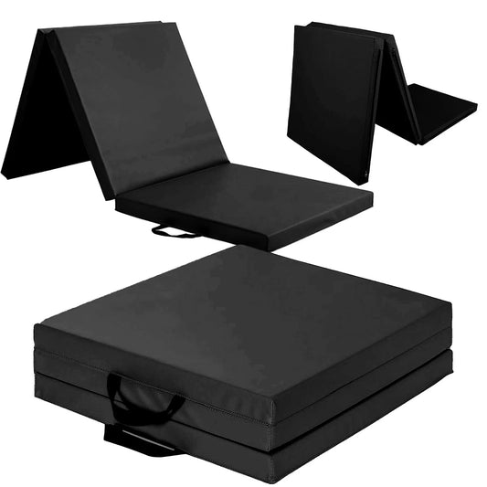 Black folding foam mats with handles on a white background