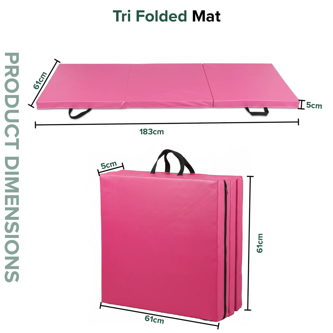 Tri-folded pink mat with dimensions on a white background