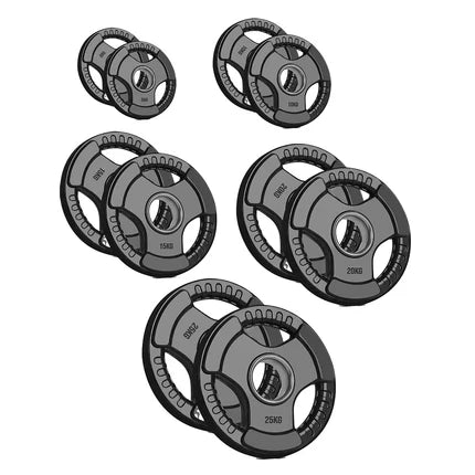 Set of weight plates on a white background