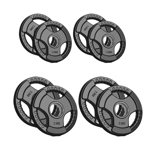 Tri-grip Olympic plate set, 15 kg: four 1.25 kg and four 2.5 kg black rubber plates, on a white background