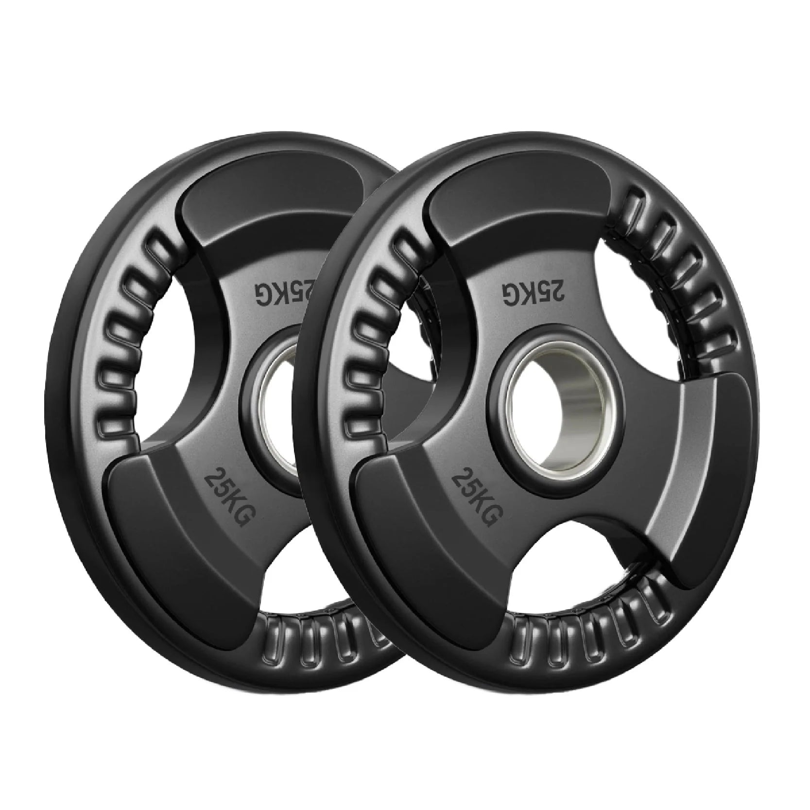 Two 25KG weight plates on a white background