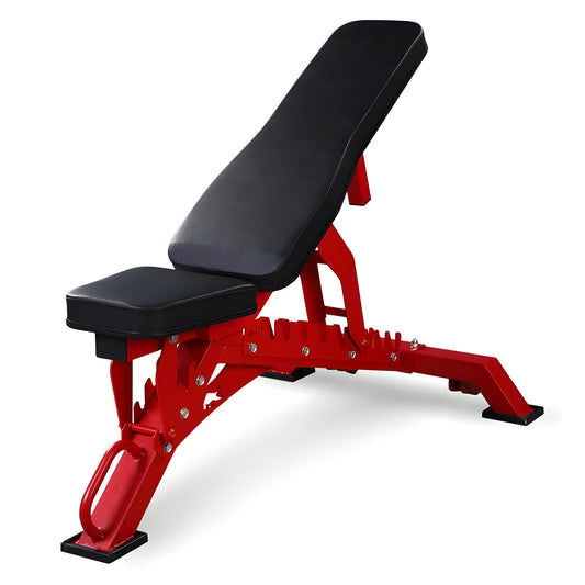 Red and black adjustable weight bench on a white background