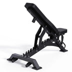 Black adjustable weight bench on a white background